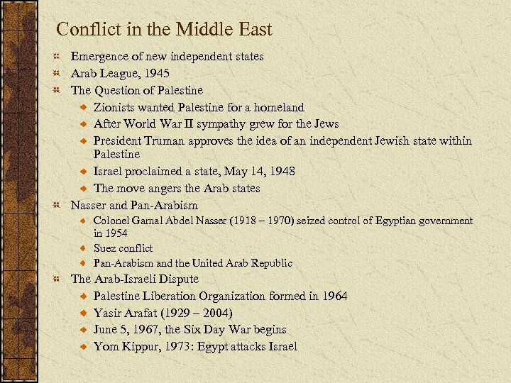 Conflict in the Middle East Emergence of new independent states Arab League, 1945 The