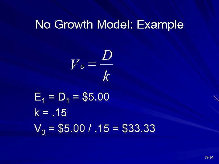 No Growth Model: Example D Vo = k E 1 = D 1 =
