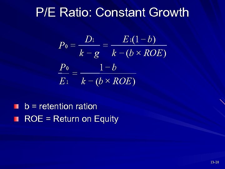 P/E Ratio: Constant Growth D 1 E 1(1 - b) = P 0 =