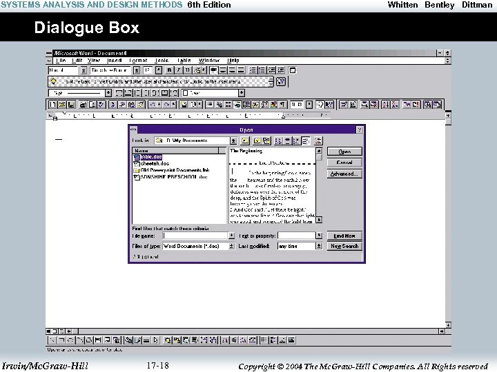 SYSTEMS ANALYSIS AND DESIGN METHODS 6 th Edition Whitten Bentley Dittman Dialogue Box Irwin/Mc.