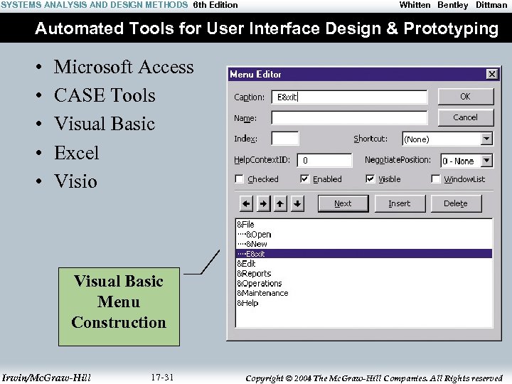 SYSTEMS ANALYSIS AND DESIGN METHODS 6 th Edition Whitten Bentley Dittman Automated Tools for