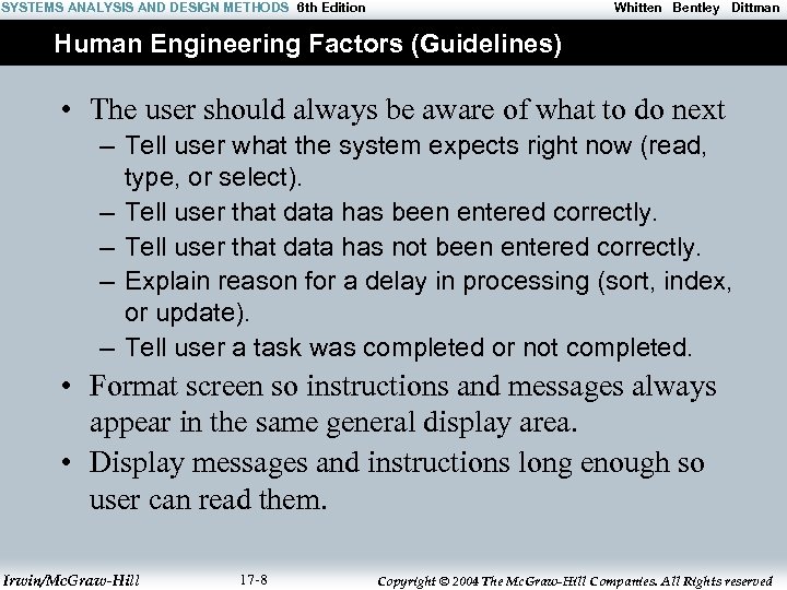 SYSTEMS ANALYSIS AND DESIGN METHODS 6 th Edition Whitten Bentley Dittman Human Engineering Factors