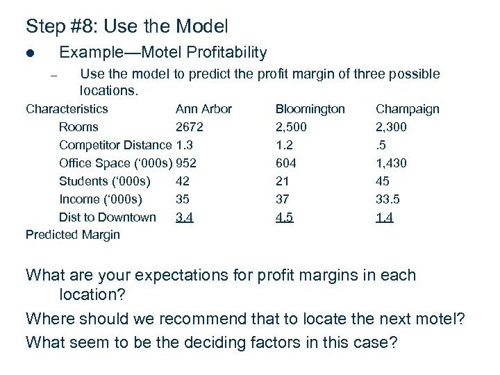 Step #8: Use the Model Example—Motel Profitability l – Use the model to predict
