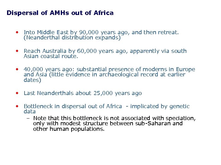 Dispersal of AMHs out of Africa • Into Middle East by 90, 000 years