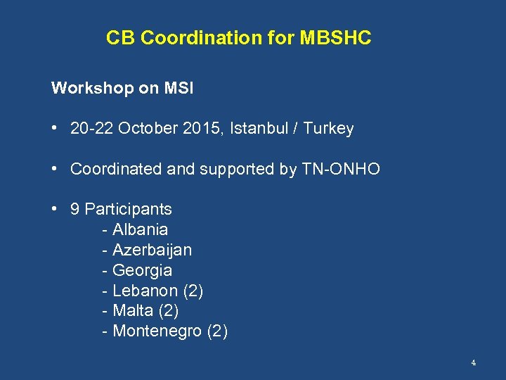 CB Coordination for MBSHC Workshop on MSI • 20 -22 October 2015, Istanbul /