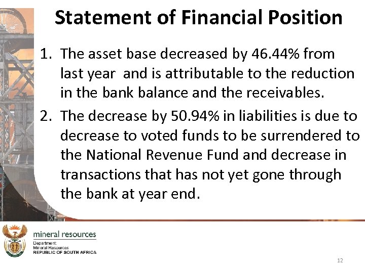 Statement of Financial Position 1. The asset base decreased by 46. 44% from last
