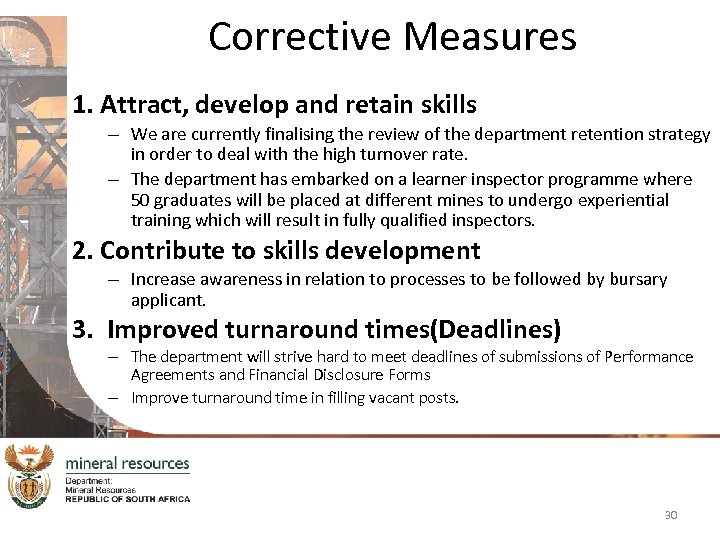 Corrective Measures 1. Attract, develop and retain skills – We are currently finalising the
