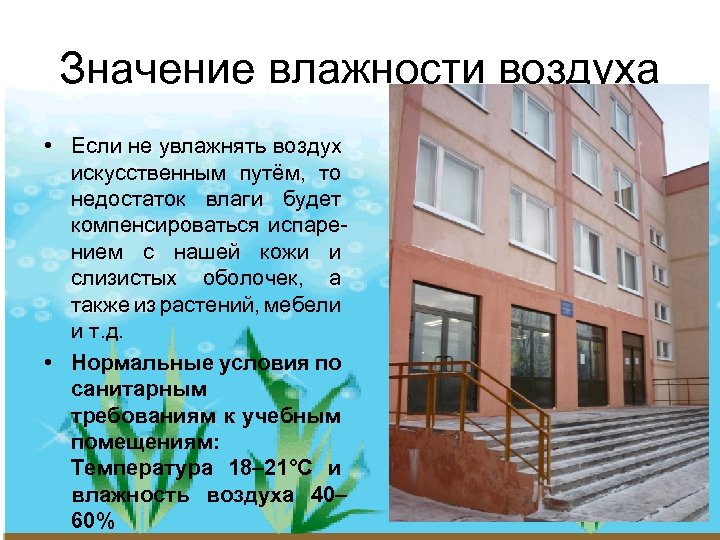 Значение влажности воздуха • Если не увлажнять воздух искусственным путём, то недостаток влаги будет