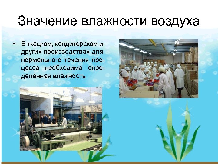 Значение влажности воздуха • В ткацком, кондитерском и других производствах для нормального течения процесса