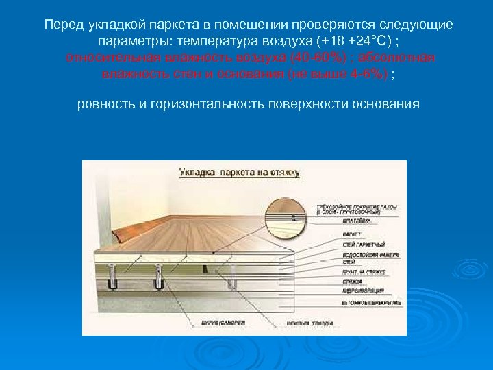 Перед укладкой паркета в помещении проверяются следующие параметры: температура воздуха (+18 +24°С) ; относительная