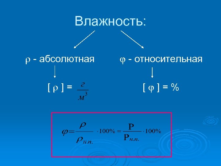 Влажность: - абсолютная - относительная [ ] = % 