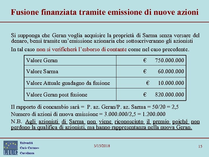 Fusione finanziata tramite emissione di nuove azioni Si supponga che Geran voglia acquisire la