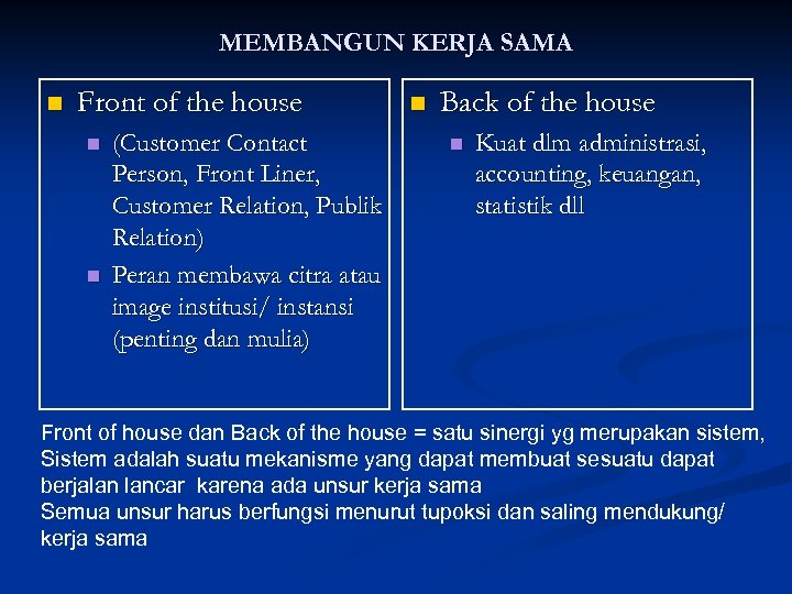 MEMBANGUN KERJA SAMA n Front of the house n n (Customer Contact Person, Front