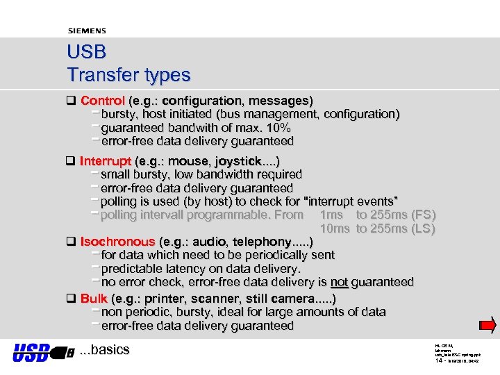 USB Transfer types q Control (e. g. : configuration, messages) bursty, host initiated (bus