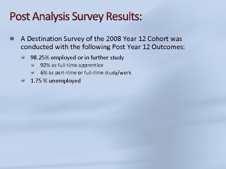 A Destination Survey of the 2008 Year 12 Cohort was conducted with the following
