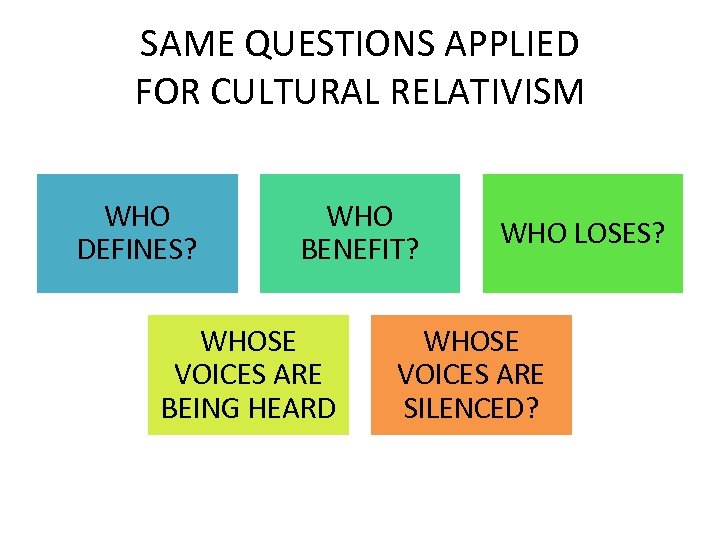 SAME QUESTIONS APPLIED FOR CULTURAL RELATIVISM WHO DEFINES? WHO BENEFIT? WHOSE VOICES ARE BEING