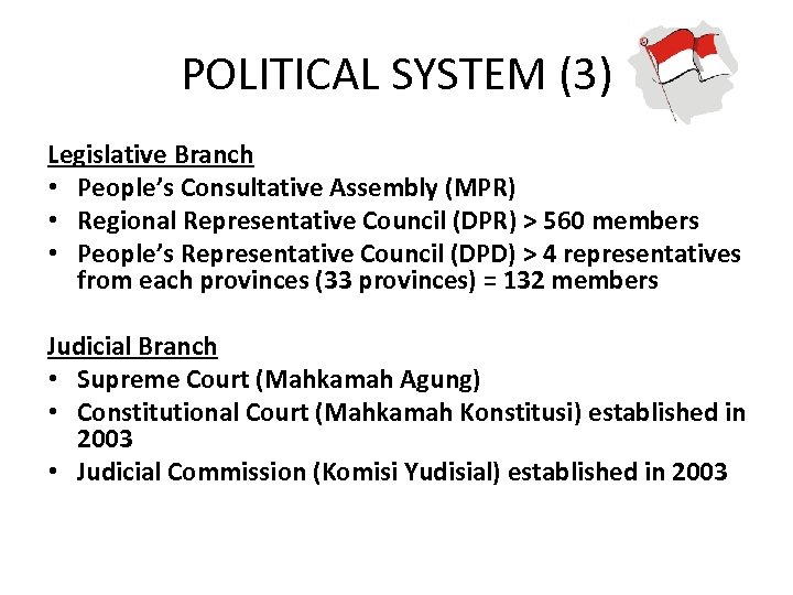 POLITICAL SYSTEM (3) Legislative Branch • People’s Consultative Assembly (MPR) • Regional Representative Council