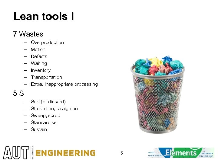 Lean tools I 7 Wastes – – – – Overproduction Motion Defects Waiting Inventory