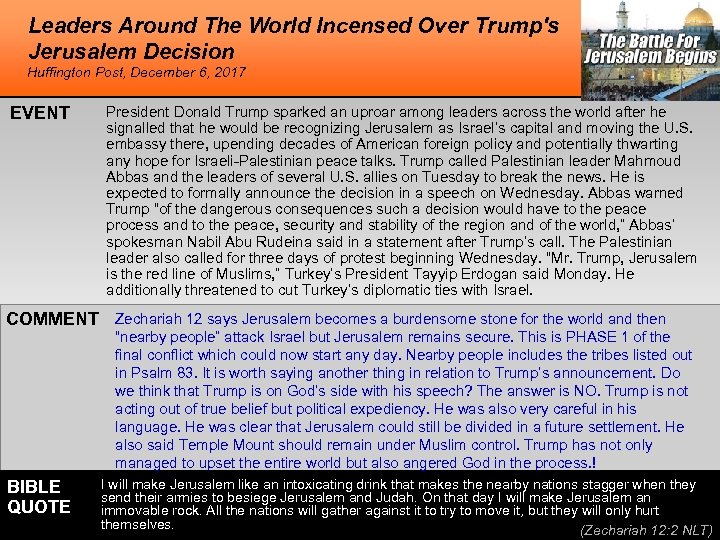 Leaders Around The World Incensed Over Trump's Jerusalem Decision Huffington Post, December 6, 2017