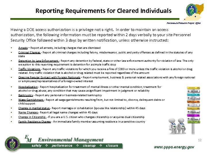 Reporting Requirements for Cleared Individuals Portsmouth/Paducah Project Office Having a DOE access authorization is