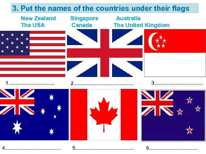 3. Put the names of the countries under their flags New Zealand Singapore The