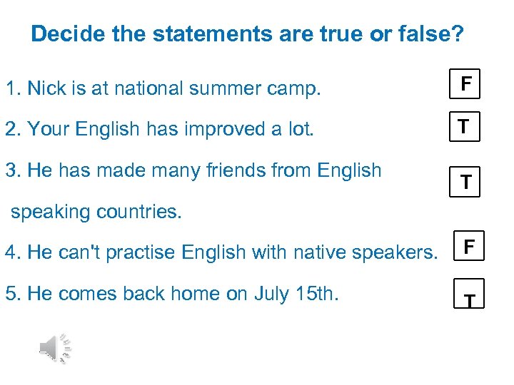 Decide the statements are true or false? F 1. Nick is at national summer