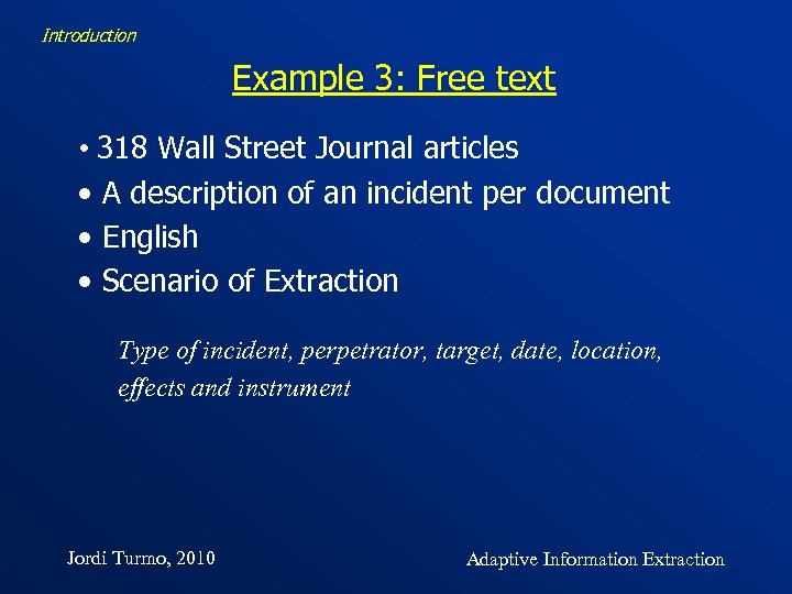 Introduction Example 3: Free text • 318 Wall Street Journal articles • A description