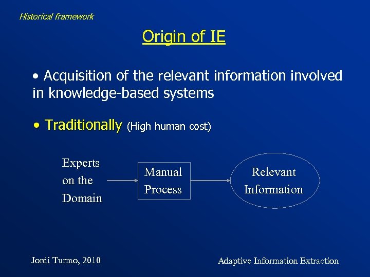 Historical framework Origin of IE • Acquisition of the relevant information involved in knowledge-based