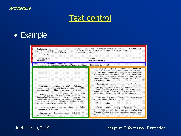 Architecture Text control • Example Jordi Turmo, 2010 Adaptive Information Extraction 