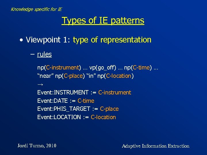 Knowledge specific for IE Types of IE patterns • Viewpoint 1: type of representation