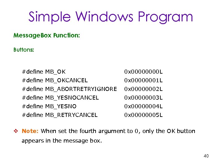 Simple Windows Program Message. Box Function: Buttons: #define MB_OK 0 x 0000 L #define