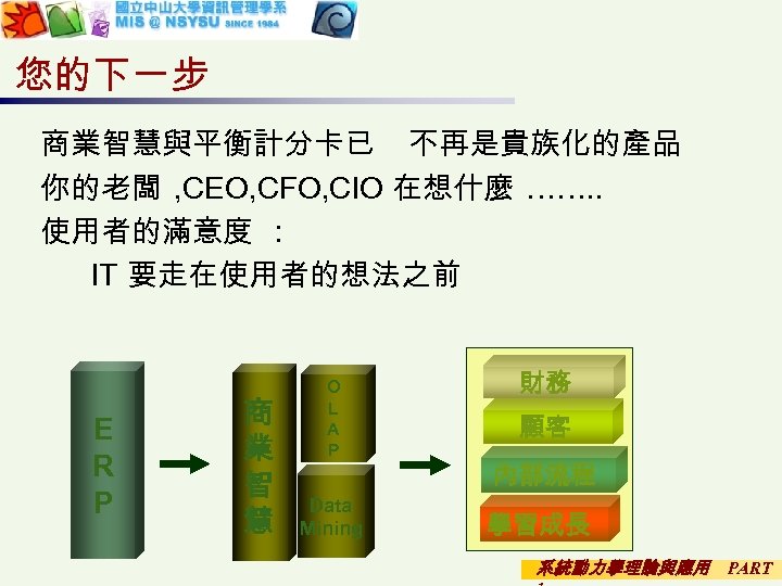 您的下一步 商業智慧與平衡計分卡已 不再是貴族化的產品 你的老闆 , CEO, CFO, CIO 在想什麼 ……. . 使用者的滿意度 : IT