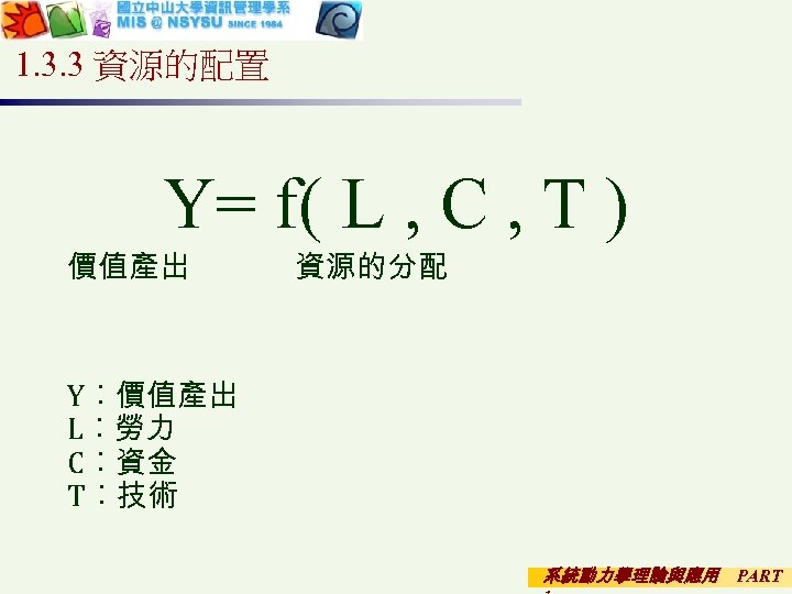 1. 3. 3 資源的配置 Y= f( L , C , T ) 價值產出 資源的分配