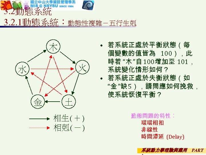 3. 2動態系統 3. 2. 1動態系統︰動態性複雜－五行生剋 木 火 水 金 土 相生(＋) 相剋(－) • 若系統正處於平衡狀態（每