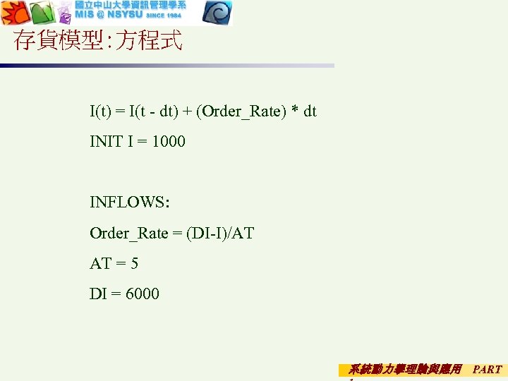 存貨模型: 方程式 I(t) = I(t - dt) + (Order_Rate) * dt INIT I =