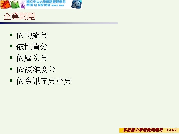 企業問題 § § § 依功能分 依性質分 依層次分 依複雜度分 依資訊充分否分 系統動力學理論與應用 PART 