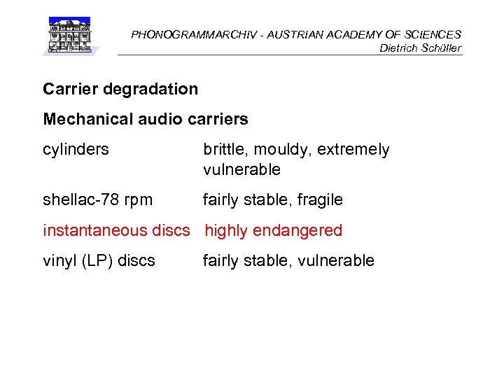 PHONOGRAMMARCHIV - AUSTRIAN ACADEMY OF SCIENCES Dietrich Schüller Carrier degradation Mechanical audio carriers cylinders