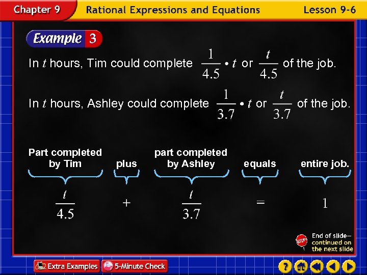 In t hours, Tim could complete In t hours, Ashley could complete Part completed