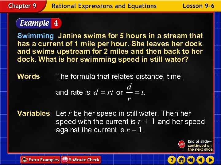 Swimming Janine swims for 5 hours in a stream that has a current of