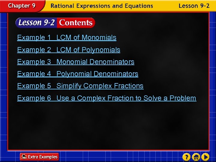 Example 1 LCM of Monomials Example 2 LCM of Polynomials Example 3 Monomial Denominators