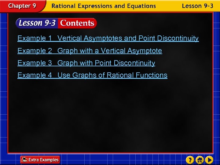 Example 1 Vertical Asymptotes and Point Discontinuity Example 2 Graph with a Vertical Asymptote