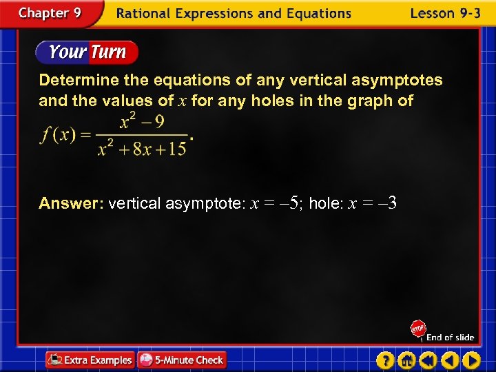 Determine the equations of any vertical asymptotes and the values of x for any