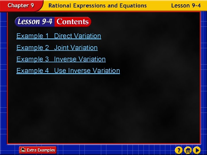 Example 1 Direct Variation Example 2 Joint Variation Example 3 Inverse Variation Example 4