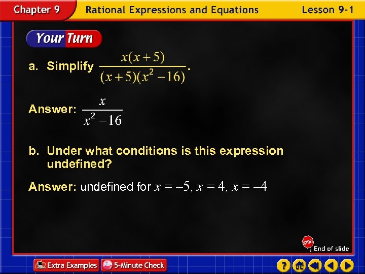 a. Simplify Answer: b. Under what conditions is this expression undefined? Answer: undefined for