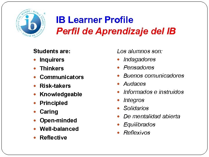 IB Learner Profile Perfil de Aprendizaje del IB Students are: Inquirers Thinkers Communicators Risk-takers