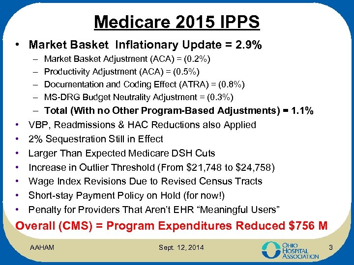 Medicare 2015 IPPS • Market Basket Inflationary Update = 2. 9% – – •