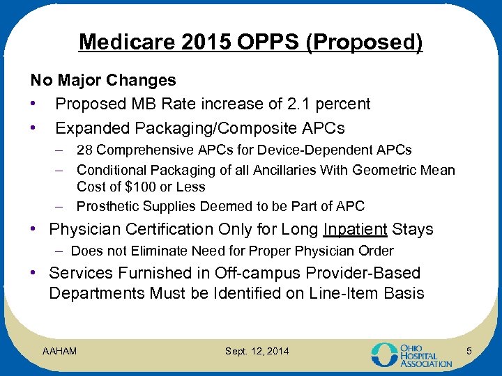 Medicare 2015 OPPS (Proposed) No Major Changes • Proposed MB Rate increase of 2.