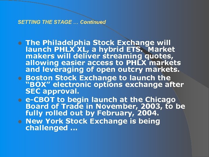SETTING THE STAGE … Continued The Philadelphia Stock Exchange will launch PHLX XL, a