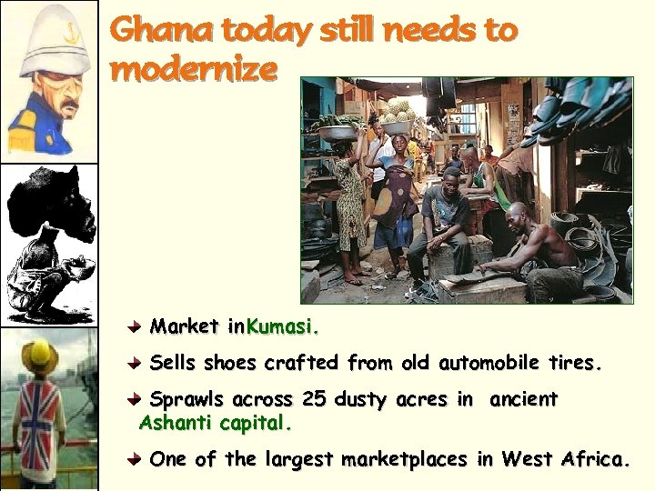 Ghana today still needs to modernize Market in Kumasi. Sells shoes crafted from old