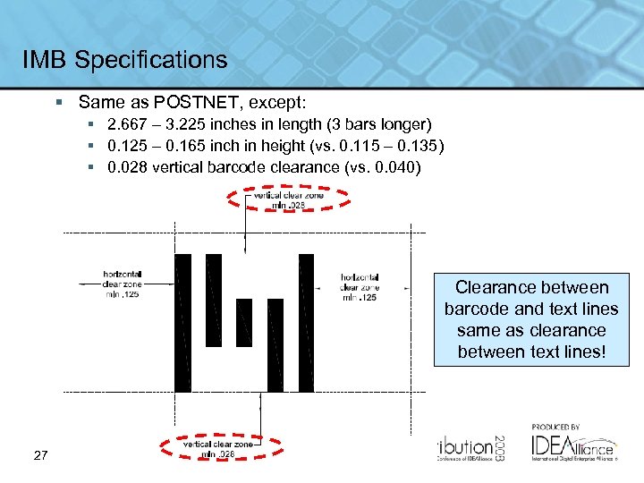 IMB Specifications § Same as POSTNET, except: § 2. 667 – 3. 225 inches